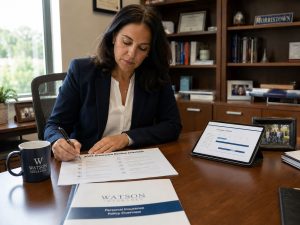 A New Jersey small-business owner working through an annual insurance review checklist on a tablet at her Totowa office desk.