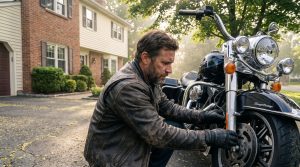 New Jersey motorcycle rider checking over a touring bike in a Totowa driveway at the start of riding season, illustrating motorcycle insurance in New Jersey.