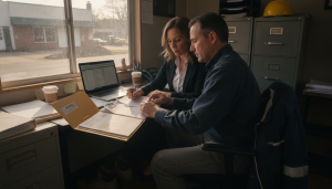 New Jersey small-business owner and bookkeeper reviewing payroll records and subcontractor certificates of insurance to prepare for a workers' comp audit in New Jersey.