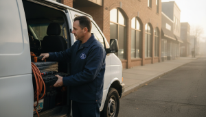 New Jersey small-business owner loading equipment into a commercial work van outside a Totowa storefront, illustrating commercial auto insurance in New Jersey.