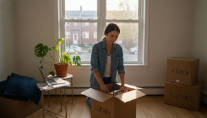 Young New Jersey renter unpacking moving boxes in a Totowa apartment after signing a lease that requires renters insurance in NJ.