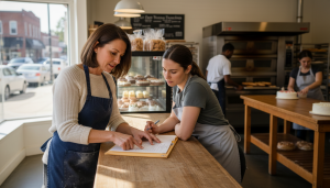 New Jersey small-business owner reviewing group health insurance options with an employee in her Totowa shop, illustrating small business health insurance in New Jersey.