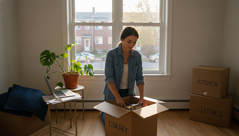 Young New Jersey renter unpacking moving boxes in a Totowa apartment after signing a lease that requires renters insurance in NJ.