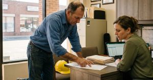 New Jersey contractor and office manager reviewing a certificate of insurance at a small Totowa office desk before starting a job, illustrating COI requests for NJ business owners.