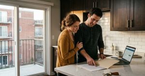 New Jersey couple reviewing condo insurance paperwork at their kitchen counter in a modern Passaic County condo unit, with renovated cabinets and finishes that an HO-6 policy would cover.