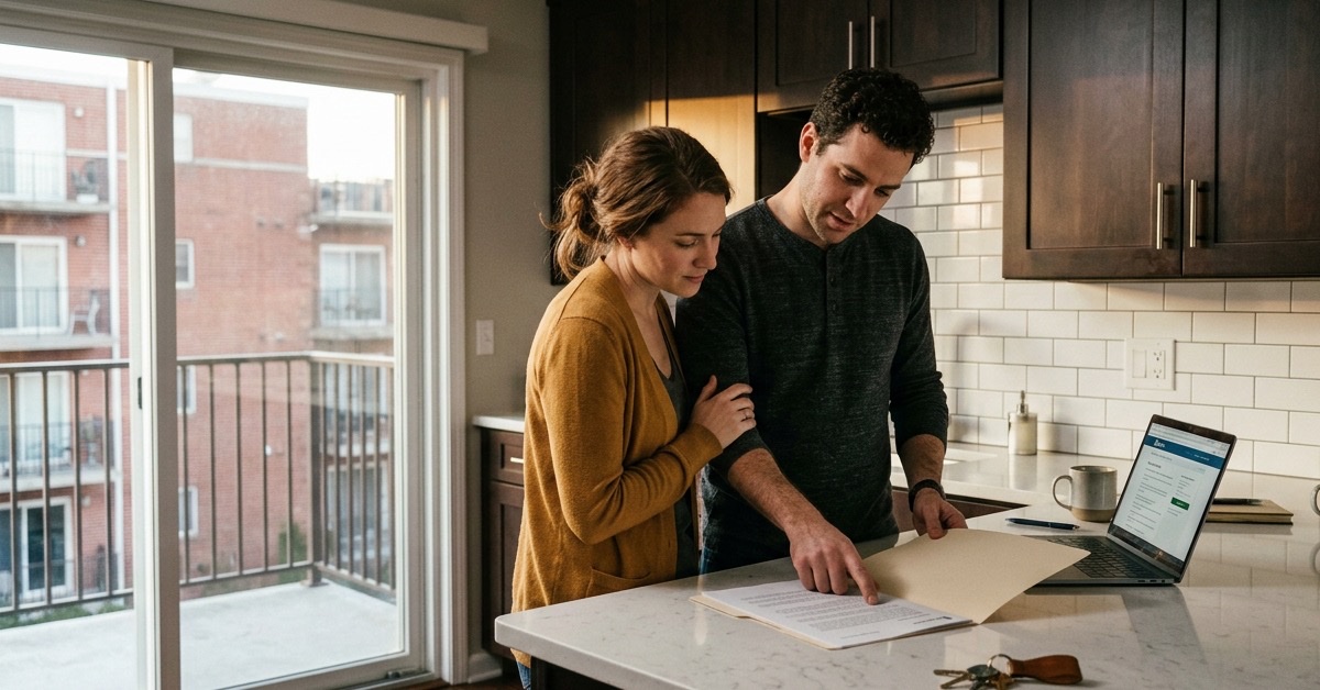 New Jersey couple reviewing condo insurance paperwork at their kitchen counter in a modern Passaic County condo unit, with renovated cabinets and finishes that an HO-6 policy would cover.