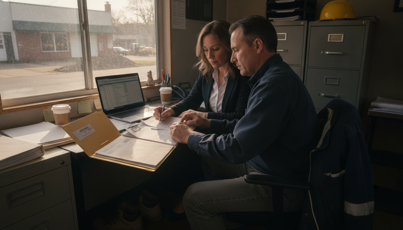 New Jersey small-business owner reviewing an employee benefits package with a team member in a Totowa office, illustrating group disability insurance for NJ employers.