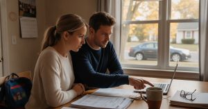 New Jersey couple reviewing their auto insurance policy options at the kitchen table, car keys and paperwork in front of them and the family car visible in the driveway.
