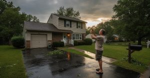 New Jersey homeowner in his driveway photographing his roofline with a smartphone after a summer storm, a few small branches on the lawn and clearing sky overhead.