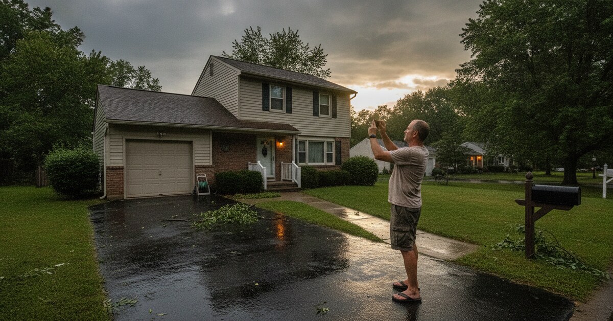 New Jersey homeowner in his driveway photographing his roofline with a smartphone after a summer storm, a few small branches on the lawn and clearing sky overhead.