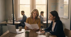 New Jersey small-business owner and office manager reviewing employee benefits paperwork together at a conference table, with team members working in the bright office behind them.