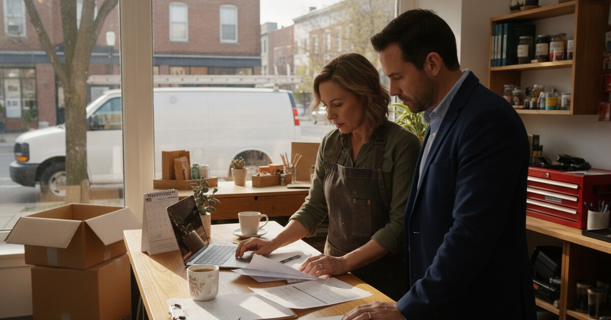 New Jersey small-business owner reviewing business insurance coverage paperwork with an independent agent at the counter of her Passaic County storefront.