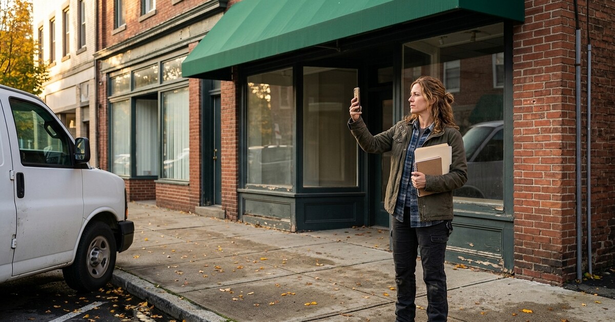 New Jersey small-business owner outside her brick storefront on an early fall morning, photographing the building and roofline with her phone while holding a policy folder, doing a September insurance walk-through.