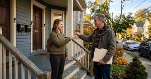 New Jersey landlord handing house keys to a new tenant on the front porch of a two-family home on a fall morning, lease folder in hand, marking the September lease turnover when rental-property insurance gets reviewed.