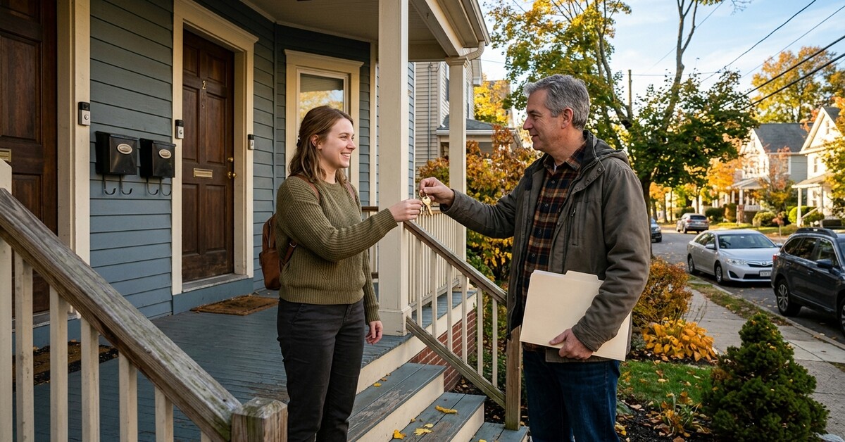New Jersey landlord handing house keys to a new tenant on the front porch of a two-family home on a fall morning, lease folder in hand, marking the September lease turnover when rental-property insurance gets reviewed.