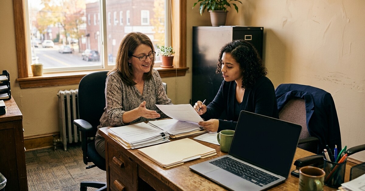 Office manager and employee in a small New Jersey business reviewing open-enrollment benefits paperwork together at a desk, the fall window when group dental insurance gets added for January 1.