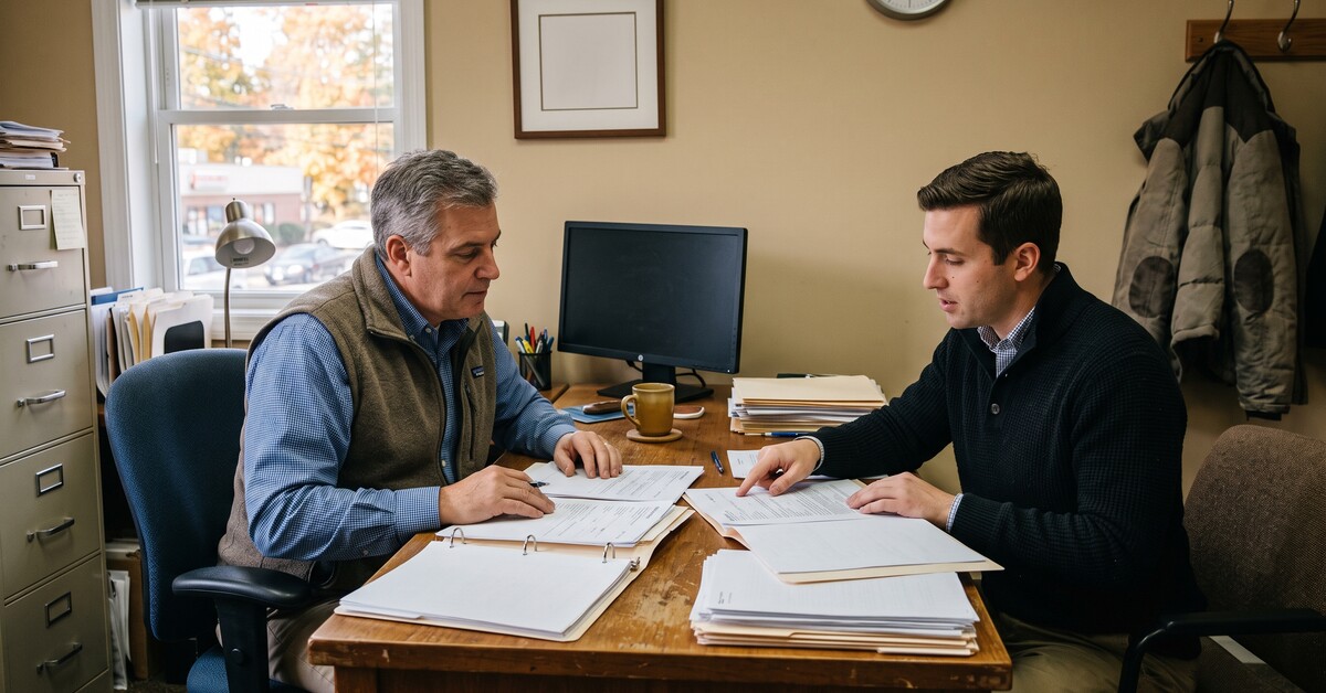 Small business owner and an insurance advisor comparing group health plan paperwork across a desk in a Totowa, New Jersey office in October, ahead of the January 1 renewal.